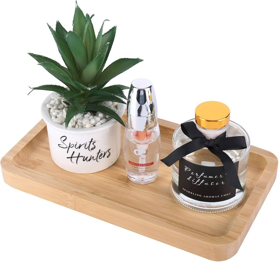 Natural Bamboo Vanity Tray Bathroom Tray Smooth and Thick Wooden Tray for Perfume Cotton Swabs Ba... | Amazon (US)