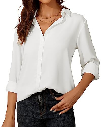 YAMANMAN Womens Button Down Shirt Long Sleeve Classic Collared Tops Work Office Casual Chiffon Blouse White | Amazon (US)