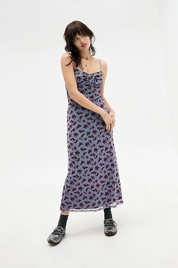 Urban Outfitters UO Floral Tie-Front Mesh Maxi Dress in Purple, Women's at Urban Outfitters | Urban Outfitters (US and RoW)