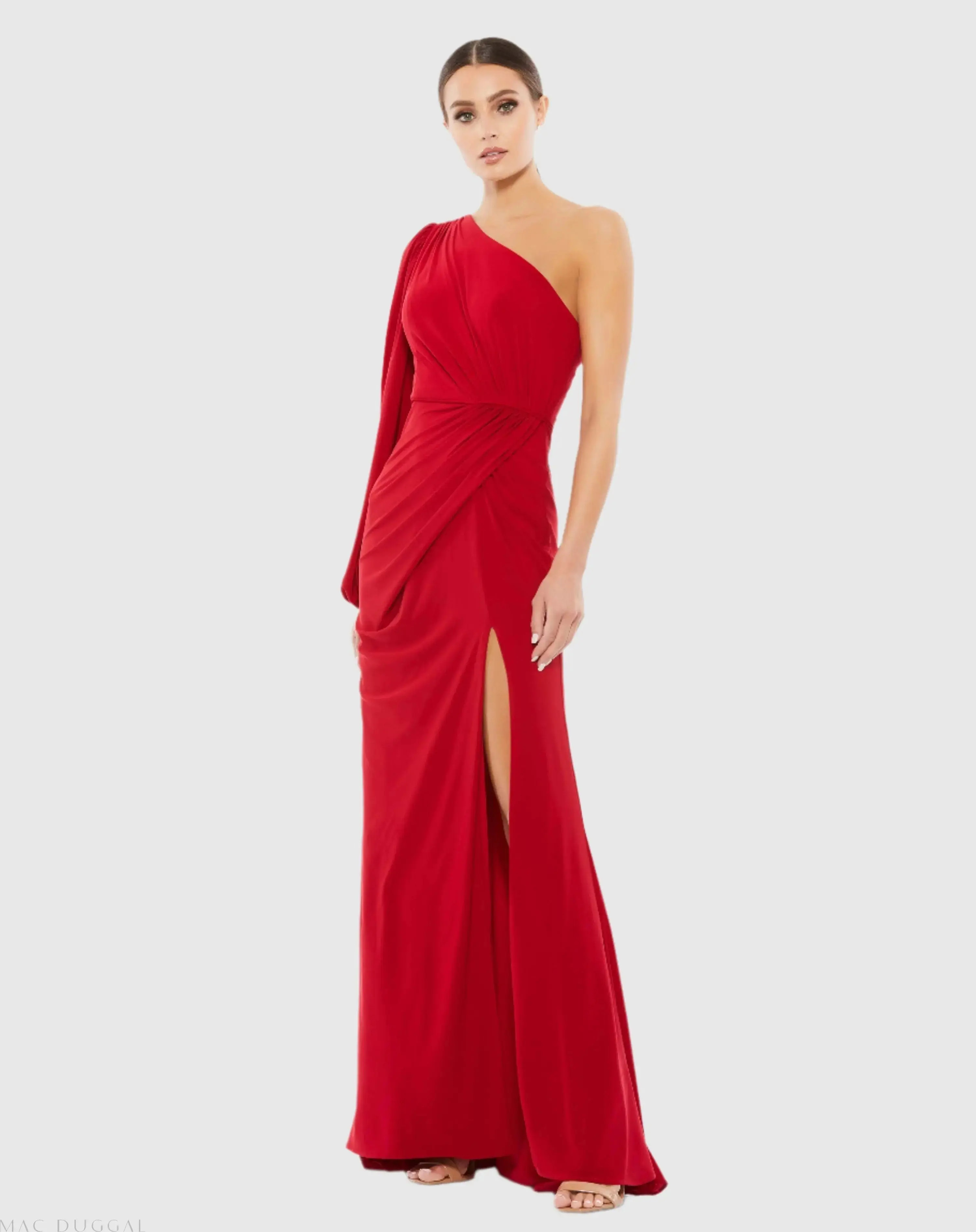 Red One Shoulder Puff Sleeve Faux Wrap Gown - Mac Duggal | Mac Duggal