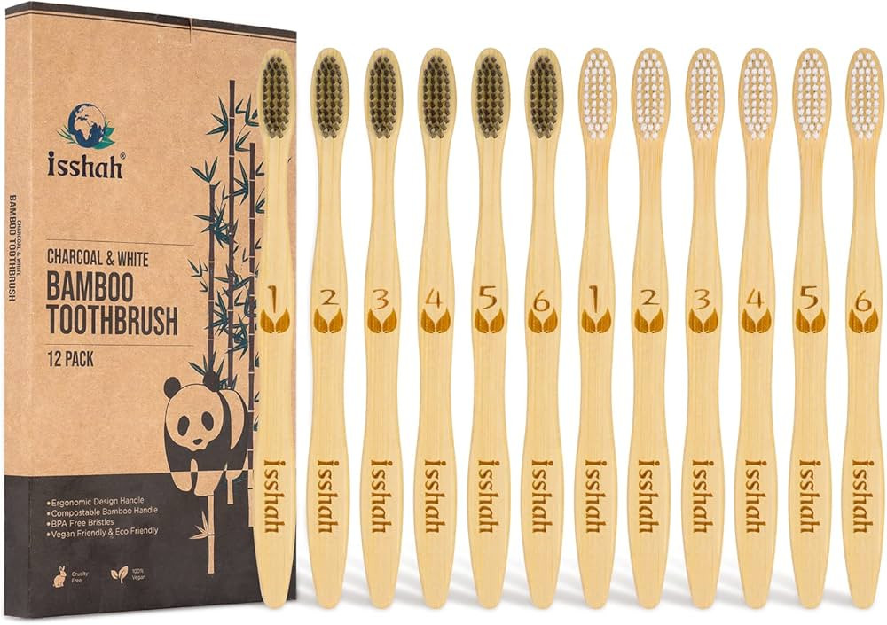 Isshah Biodegradable Eco-Friendly Natural Bamboo Charcoal Toothbrushes - 12 Count | Amazon (US)