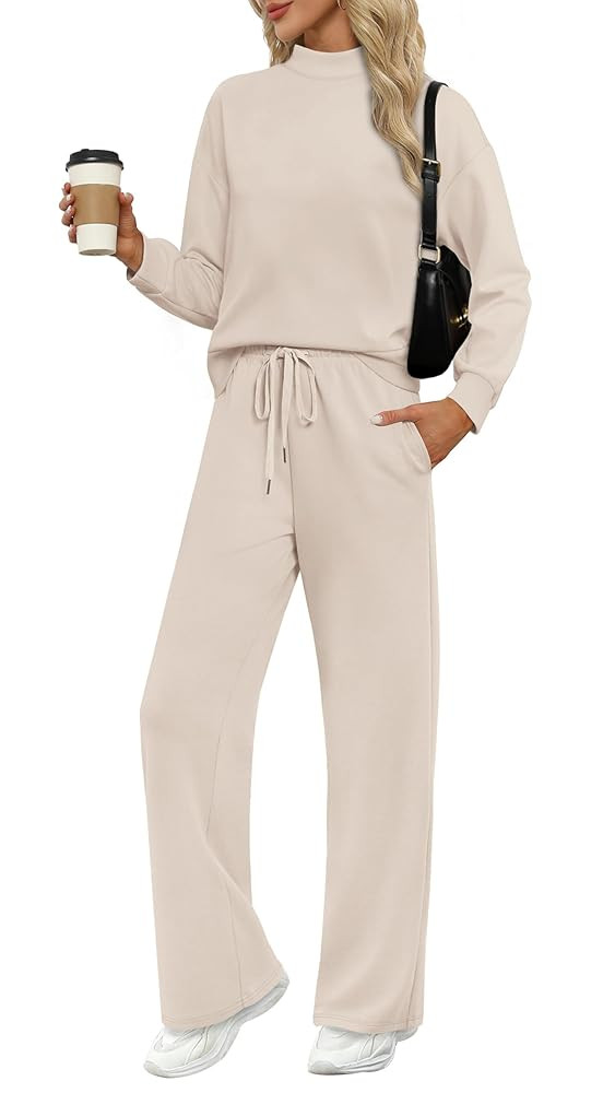 WIHOLL Two Piece Sets for Women Fall Outfits Lounge Sets Mock Neck Tops Wide Leg Pants Vacation T... | Amazon (US)