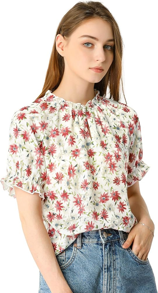 Allegra K Women's Ruffled Short Sleeve Floral Mock Neck Ruffle Tops Blouses | Amazon (US)