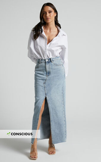 Kira Midi Skirt - Front Split Denim Skirt in Light Blue Wash | Showpo (US, UK & Europe)