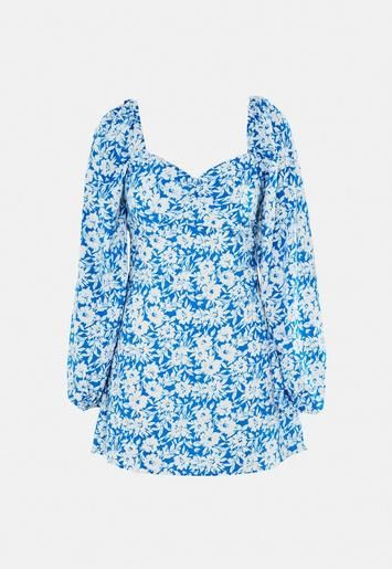 Blue Floral Print Shirred Open Back Skater Dress | Missguided (US & CA)