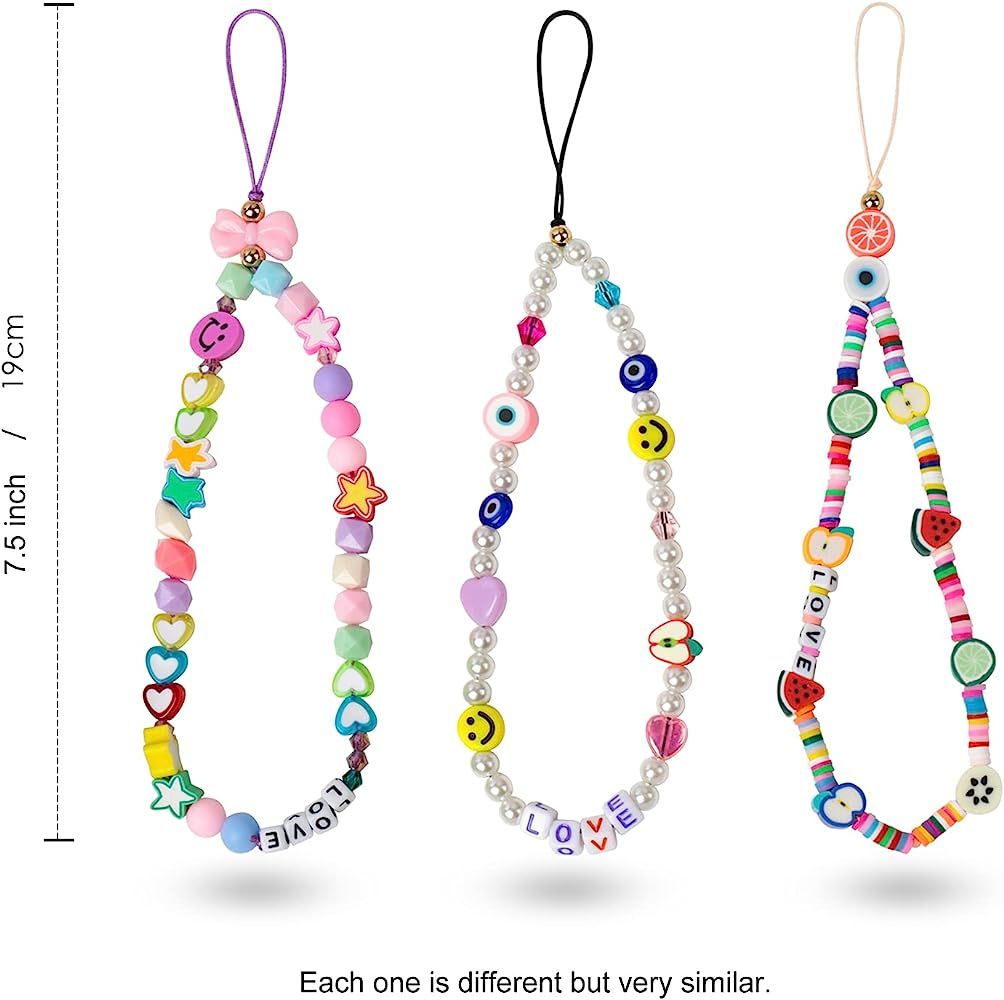 3 Pieces Smiley Face Beaded Phone Lanyard Wrist Strap Fruit Star Letter Pearl Handmade Rainbow Polym | Amazon (US)