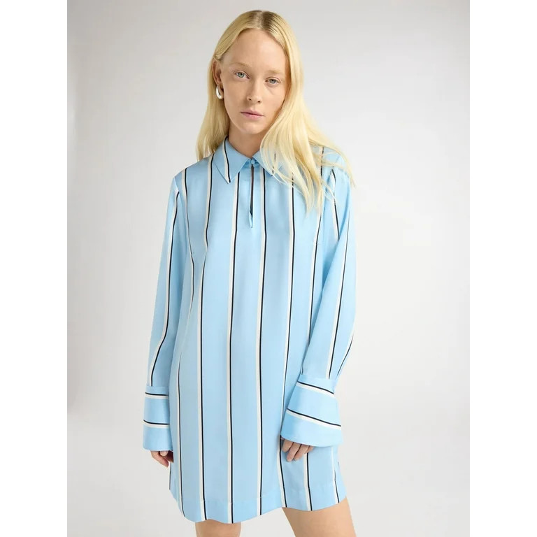 Scoop Women's Matte Satin Collared Mini Shirtdress with Long Sleeves, Sizes XS-XXL | Walmart (US)