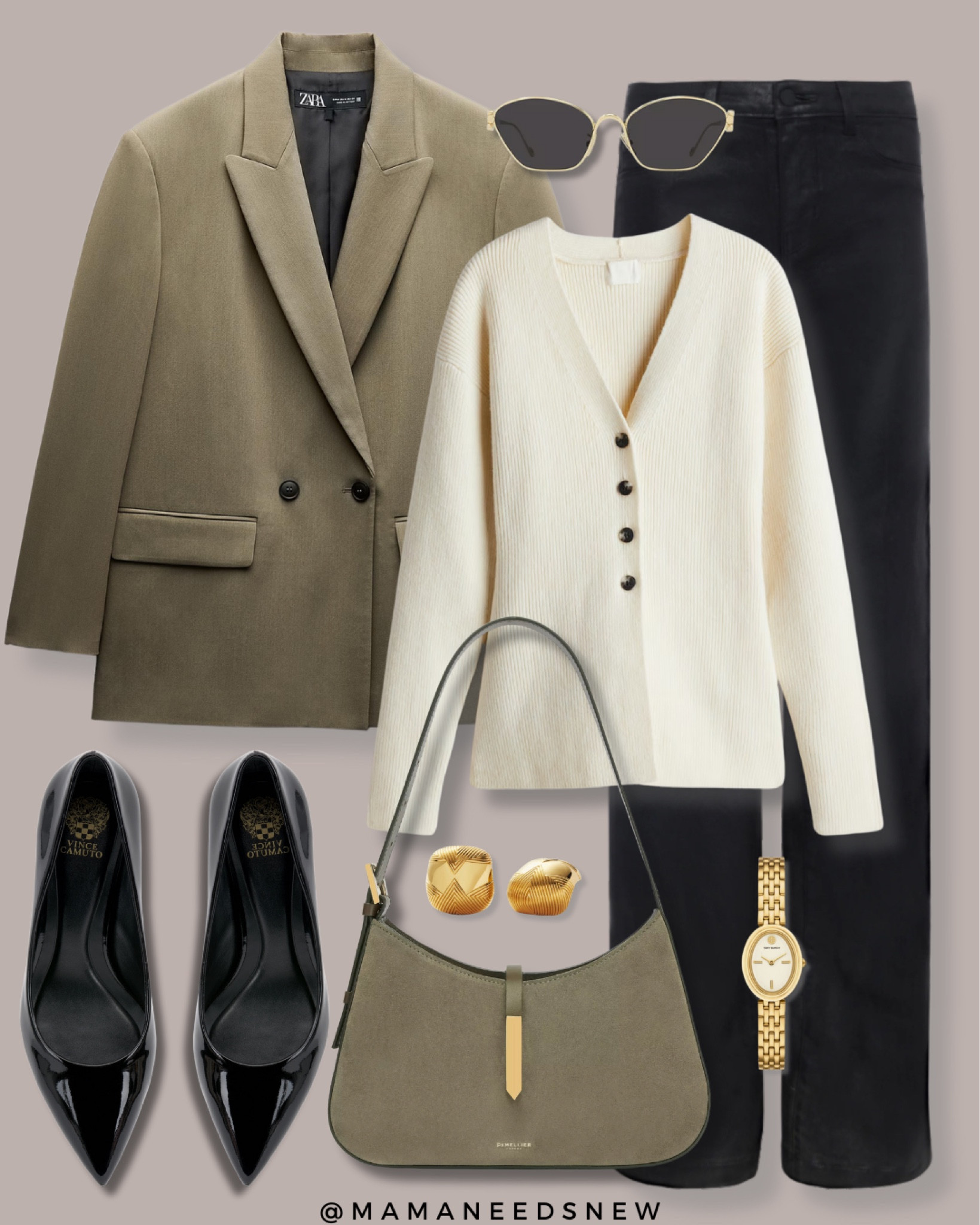 A spring outfit with a blazer, waist defining cardigan, faux leather coated jeans, heels & shoulder bag in khaki, crème & black tones 🖤

#LTKStyleTip #LTKItBag #LTKSaleAlert