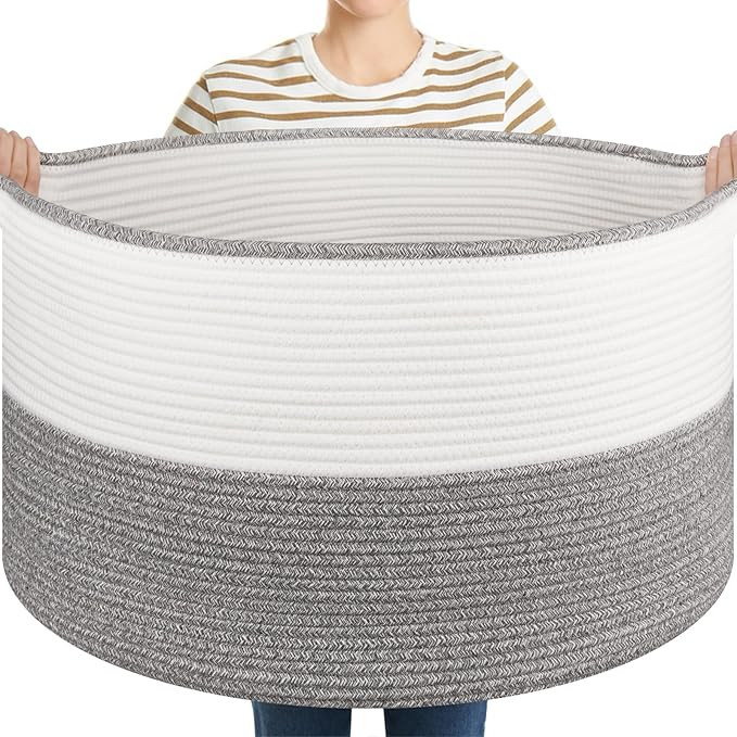 Large Blanket Basket with Handles, 22.8" x 22.8" x 13" Woven Storage Basket for Living Room, Cott... | Amazon (US)