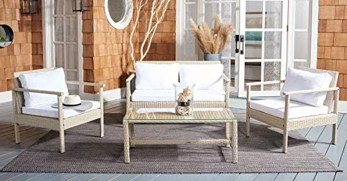 Safavieh Outdoor Collection Garnen Beige Wicker Cushion 4-Piece Living Set PAT7714B, Grey/White | Amazon (US)