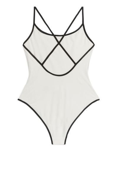Matte Swimsuit - Off White/Black - Ladies | H&M GB | H&M (UK, MY, IN, SG, PH, TW, HK)