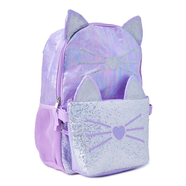 Wonder Nation Girls 17" Laptop Backpack with Lunch Bag 2-Piece Set, Purple Kitty | Walmart (US)