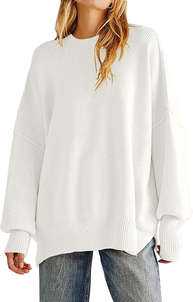 Women's Oversized Crewneck Sweaters Batwing Long Sleeve Side Slit Ribbed Knit Pullover Sweater Tops | Amazon (US)