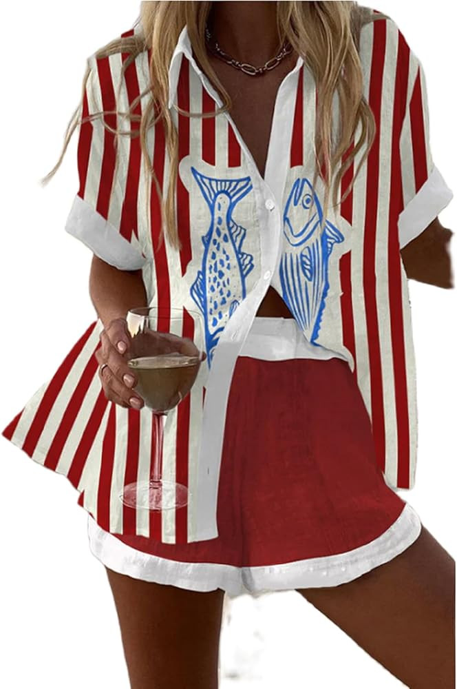 SOOKABEILA Women Graphic 2 Piece Outfit Short Sleeve Sun Print Button Up Shirt Drawstring Shorts ... | Amazon (US)
