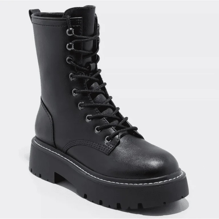 Wild Fable Women's Black Logan Lug Combat Boots with Memory Foam Insole size 8.5 | Walmart (US)