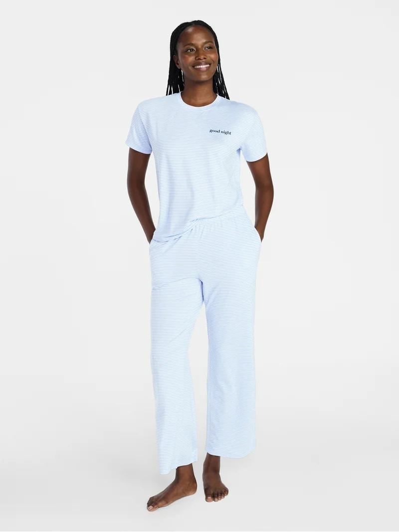 Joyspun Women's Dreamy Soft Collection Short Sleeve Sleep Top and Open Leg Pants Pajama Set, 2-Pi... | Walmart (US)