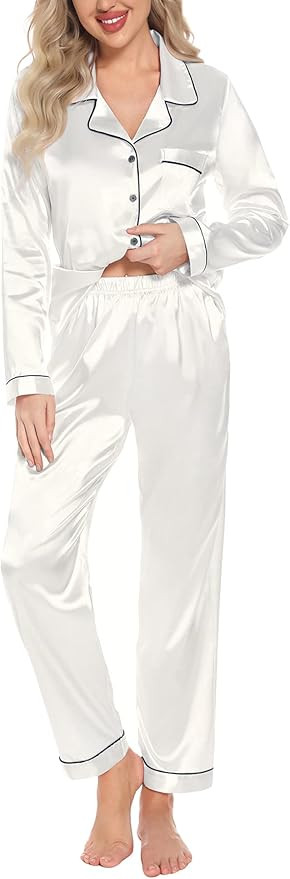 Anjue Silk Satin Pajamas Set Women's Long Sleeve Sleepwear Soft Pjs Set Two Piece Button Down Pj ... | Amazon (US)