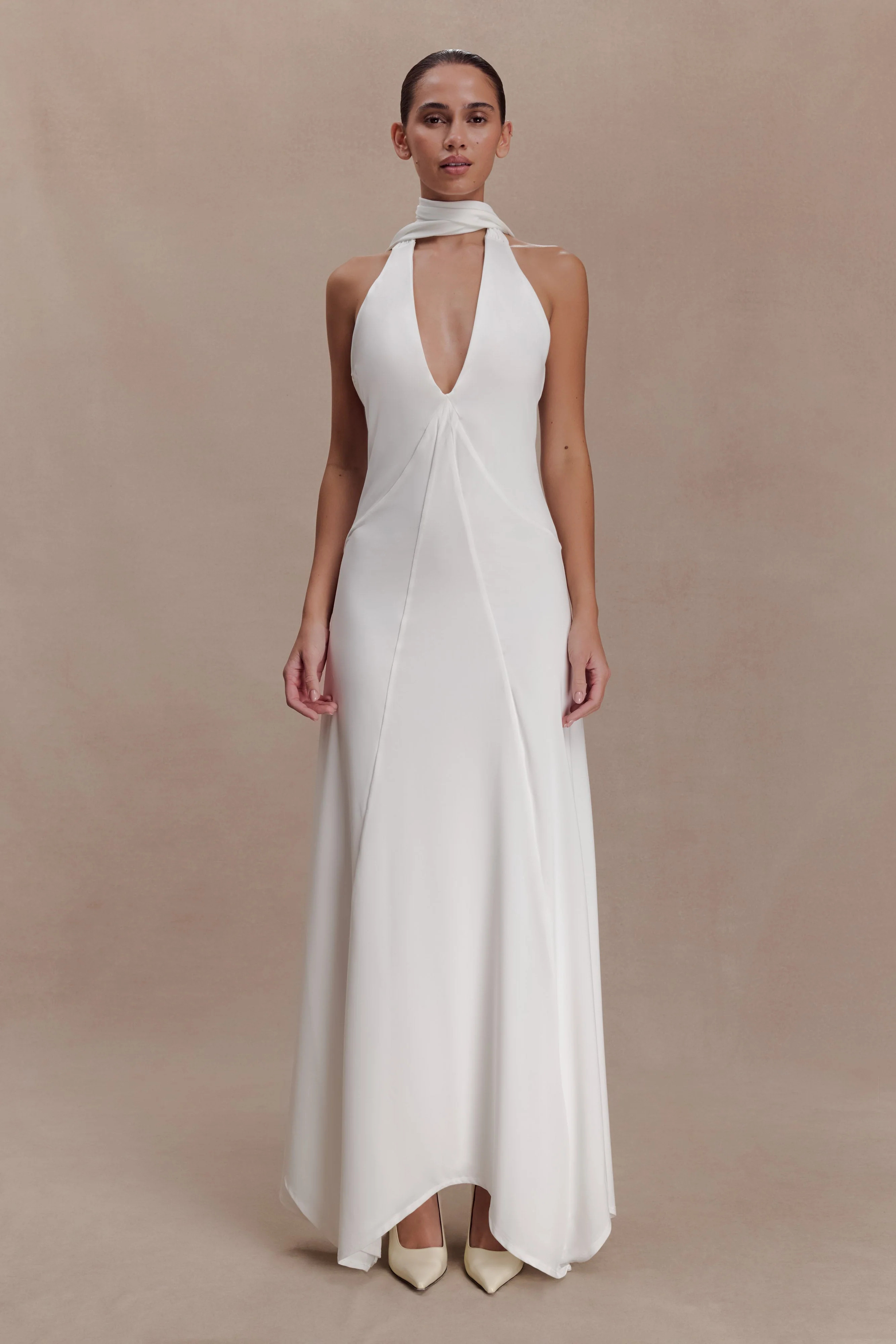 Slinky Maxi Dress With Scarf - White | MESHKI US