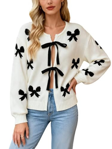 Womens Cute Bow Tie Front Cardigan Sweaters Fall Long Sleeve Crew Neck Knit Sweater Jacket Top White | Amazon (US)