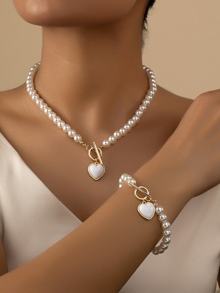Collar Y Pulsera De Imitación De Perlas Con Dije De Corazón | SHEIN