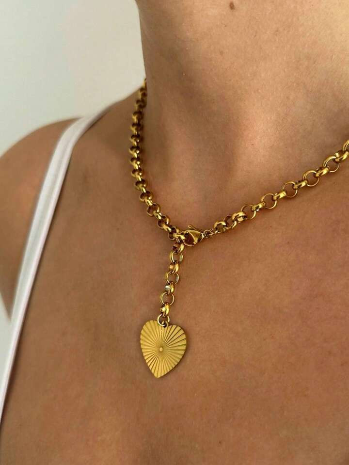 1pc New Striped Heart & Cross Pendant Chunky Chain Stainless Steel Adjustable Necklace For Women,... | SHEIN