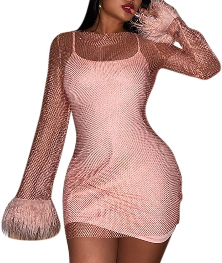 LEOMOSTE Women Sexy Shiny Fishnet See-Through Night Dress Faux Fur Sleeves Bodycon Cocktail Dress... | Amazon (US)