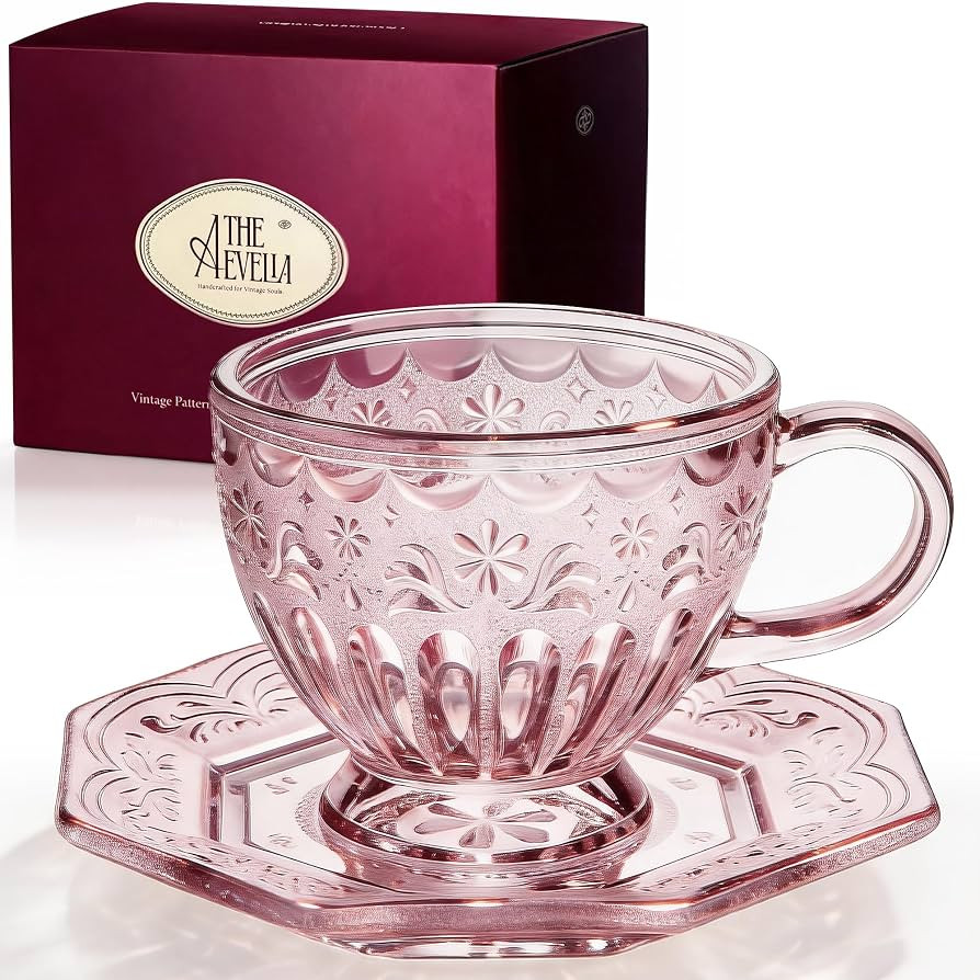 Handcrafted Vintage Glass Coffee Cup and Saucer Set, 12 oz Large Tea Cup with Octagonal Saucer fo... | Amazon (US)