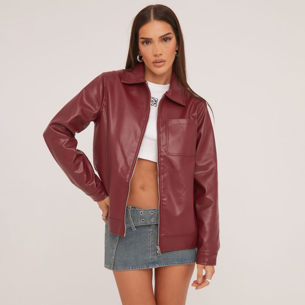 Pocket Front Trucker Jacket In Dark Red Faux Leather | EGO (UK)