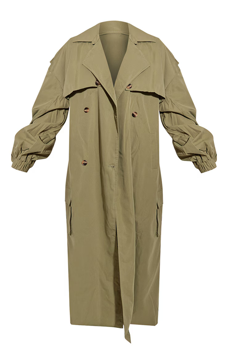 Khaki Cargo Pocket Detail Oversized Trench Coat | PrettyLittleThing US