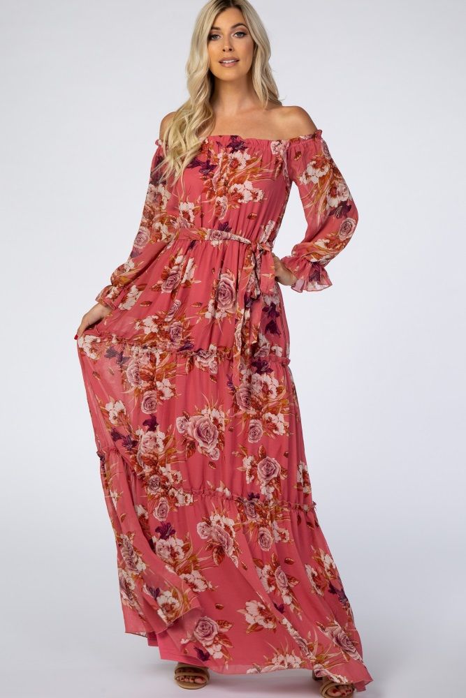 Mauve Floral Off Shoulder Maxi Dress | PinkBlush Maternity