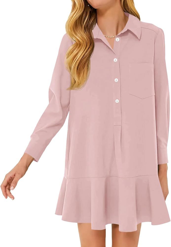 Fisoew Womens Casual Button Down Shirt Dress Long Sleeve Collared Pleated Swing Mini Dresses | Amazon (US)