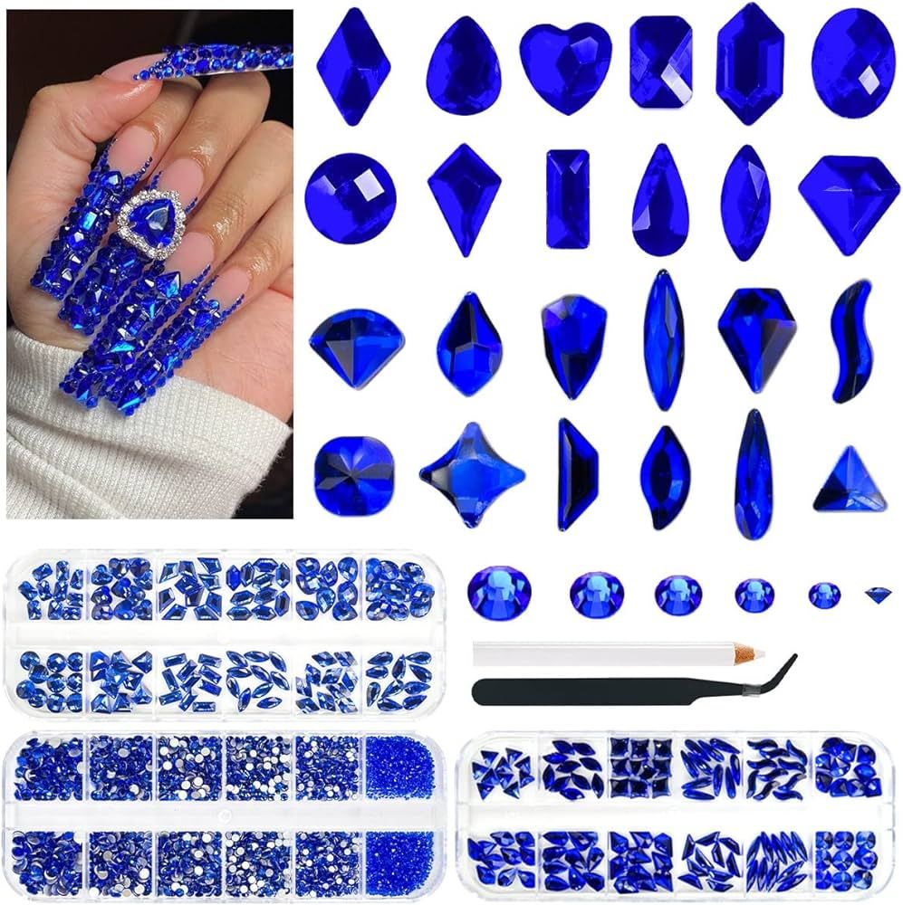 2750Pcs Blue Nail Rhinestones 240 Multi-Shapes Sapphire Blue Rhinestones Big Gems Nail Charms+251... | Amazon (US)