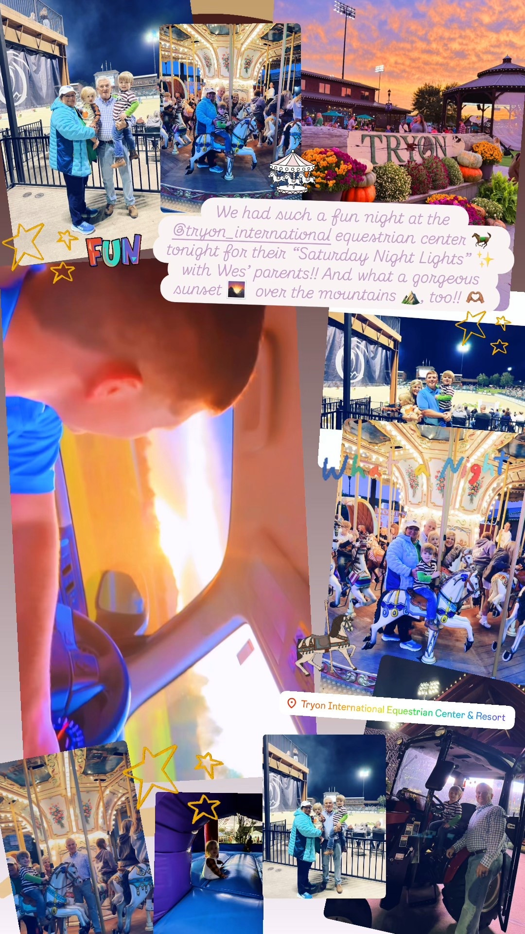 We had such a fun night at the @tryon_international equestrian center 🐎 tonight for their “Saturday Night Lights” ✨ with Wes’ parents!! And what a gorgeous sunset 🌄  over the mountains ⛰️, too!! 🫶🏽