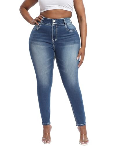 Gocolloa Womens Plus Size Skinny Jeans High Waisted Stretchy Classic Ankle Jean Royal Blue 26W | Amazon (US)