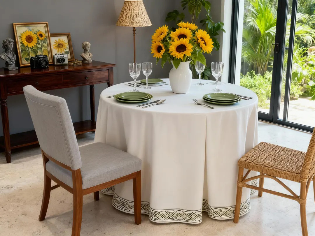 Custom Pleated Round Table Cover, White Linen with Green Trim | Etsy (US)