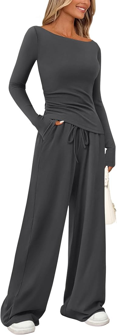 PRETTYGARDEN Women's 2 Piece Lounge Sets Asymmetrical Long Sleeve T Shirt Wide Leg Pants Casual O... | Amazon (US)
