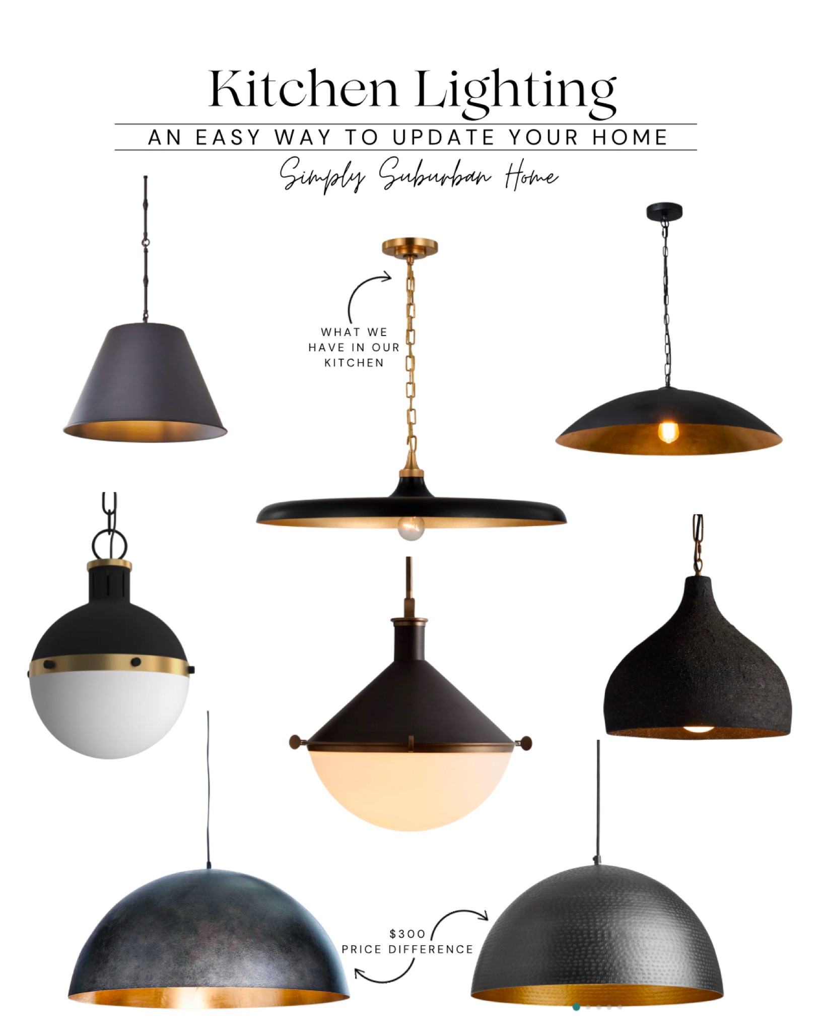 Lighting, kitchen, kitchen island, kitchen island lighting, island pendants, island lighting, pendant, pendants, dark and moody, black pendant, brass pendants, save vs splurge, shop my house, Reno, kitchen renovation, January refresh, no demo reno, neutral home