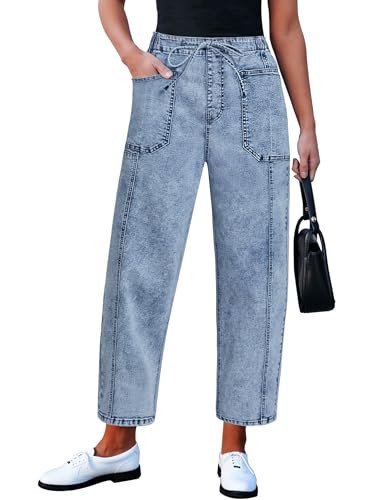 luvamia Barrel Jeans Women Trendy High Waisted Pull On Drawstring Elastic Waist Stretchy Denim Pants with Utility Pocket Womens Wide Leg Jeans Bay Blue Size Medium Fits US 8-10 | Amazon (US)