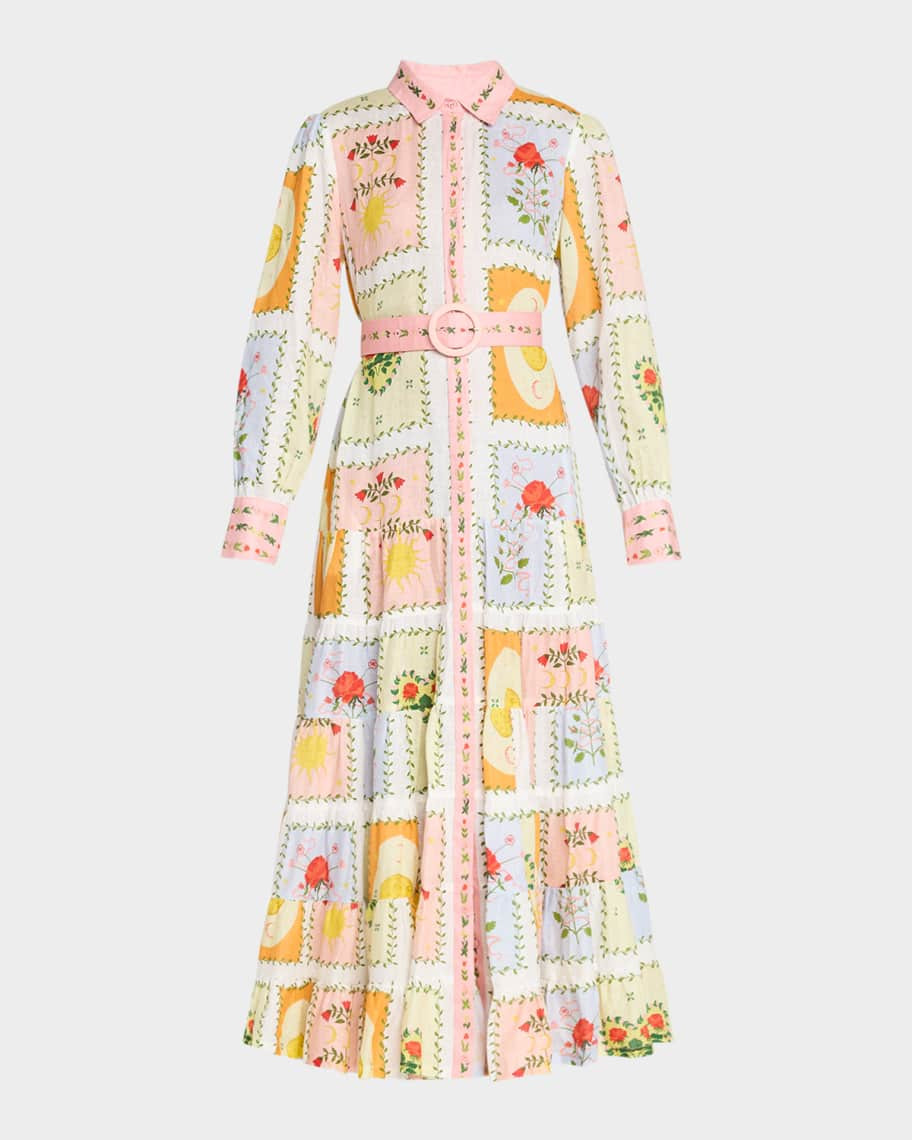 PALM NOOSA Aria Tiered Tile-Print Linen Maxi Shirtdress | Neiman Marcus