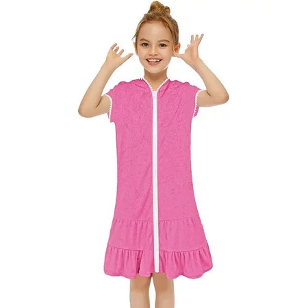 naisibaby Kids Girls Swim Cover Up Swimsuit Childrens Zip-Up Beach Bathing Suit Robe Pink 6-7 T | Walmart (US)