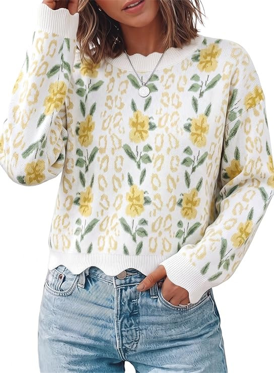 Dokotoo Womens Sweaters Long Sleeve Scalloped Trim Floral Fall Tops | Amazon (US)