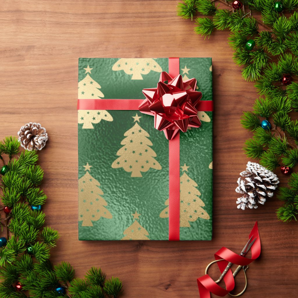 Elegant Green Metallic Gold Trees Holiday Wrapping Paper | Zazzle