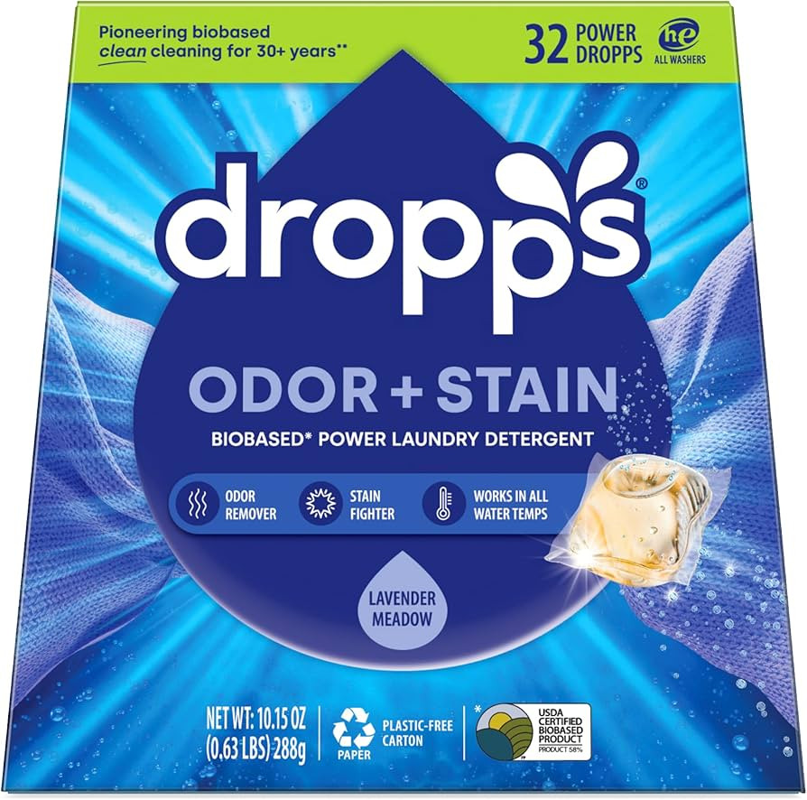 Dropps Odor & Stain Biobased Power Laundry Detergent Pods, Lavender Meadow (32 Count) - HE Compat... | Amazon (US)