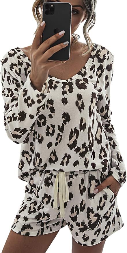 ECOWISH 2020 Summer Women Short Pajamas Set Long Sleeve Tops and Shorts PJ Set 2 Piece Sleepwear ... | Amazon (US)