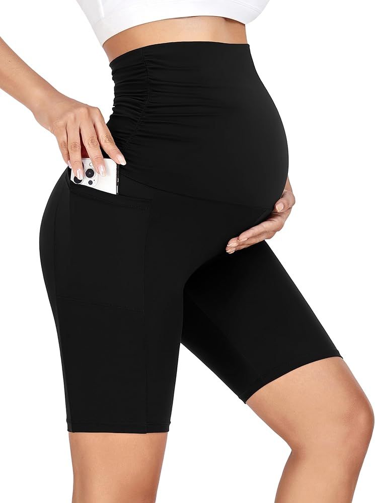 FULLSOFT Maternity Biker Shorts with Pockets Over Belly Summer 8'' High Waisted Workout Gym Activ... | Amazon (US)