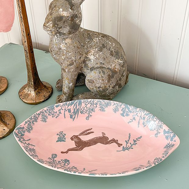 Jack Rabbit With Blue Flowers Serving Dish | Antique Farm House