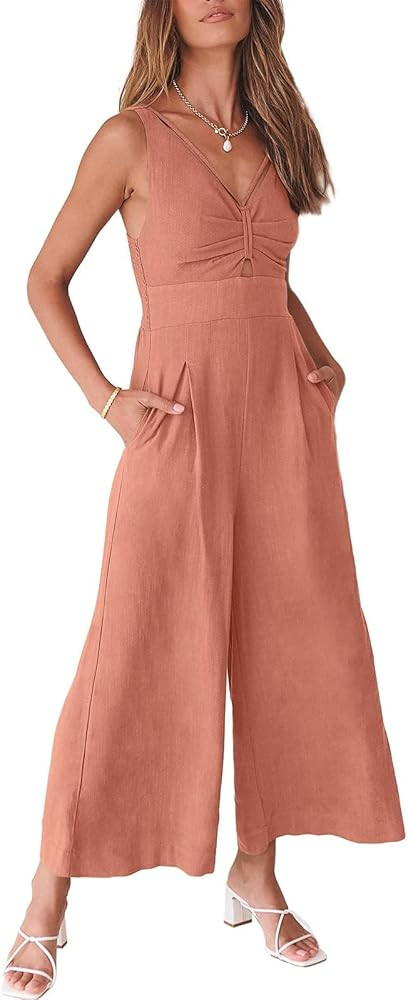 ANRABESS Womens Jumpsuits Summer Linen Wide Leg Sleeveless V Neck Casual Dressy Rompers Pants 202... | Amazon (US)
