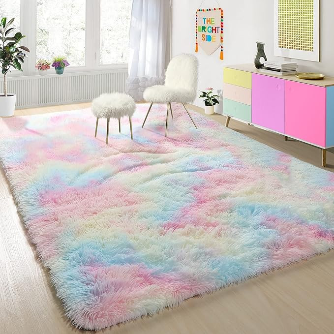 PAGISOFE 3x5 Fluffy Soft Rainbow Rug, Bedside Preppy Dorm Area Rug for Girls Bedroom,Pink Shaggy ... | Amazon (US)