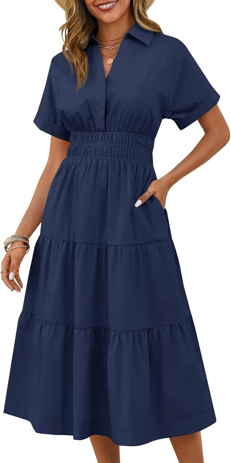 Wenrine Women Summer Short Sleeve V Neck Work Shirt Maxi Dress with Pockets | Amazon (US)