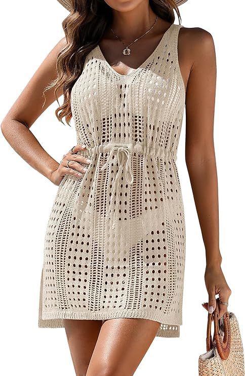 AI'MAGE Womens Crochet Cover Up Sleeveless Swimsuit Coverup Hollow Out Beach Dress with Drawstrin... | Amazon (US)